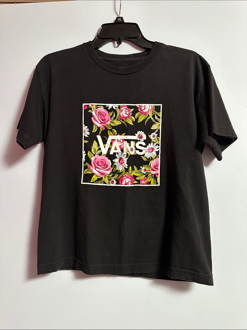 Vans Black Tee with Pink Rose Square Logo
